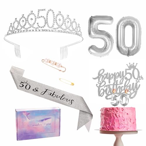 Silberschmuck zum 50. Geburtstag. Bänder und Kopfbedeckungen. Krone. Dekorationen für Geburtstagskuchen. Nr. 50. Folienballons. Kerze. Ein tolles Geschenk zum 50. Geburtstag für Sie und Ihre Frau von YAAVAAW