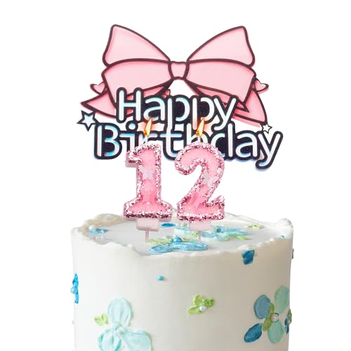 Tortenaufsatz "Happy 12th Birthday" mit rosa Schleife, Geburtstagskerzen, rosa Zahl 12, Kerzen für Geburtstagskuchen, personalisierbar, Mädchen, Alter 12, Kuchendekoration für Mädchen von YAAVAAW