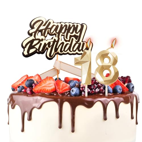 Tortenaufsatz "Happy 18th Birthday", Geburtstagskerzen, Schwarz / Gold, Zahl 18, Kerzen für Geburtstagskuchen, personalisierbar zum 18. Geburtstag, Kuchendekoration für Mädchen und Sie von YAAVAAW