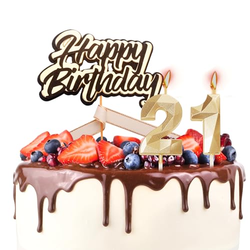 Tortenaufsatz "Happy 21st Birthday", Geburtstagskerzen, Schwarz / Gold, Zahl 21, Kerzen für Geburtstagskuchen, personalisierbar, 21. Geburtstag, Kuchendekoration für Damen von YAAVAAW