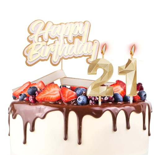 Tortenaufsatz "Happy 21st Birthday", Geburtstagskerzen, goldene Zahl 21, Kerzen für Geburtstagskuchen, personalisierbar zum 21. Geburtstag, Kuchendekoration für Frauen zum 21. Geburtstag von YAAVAAW