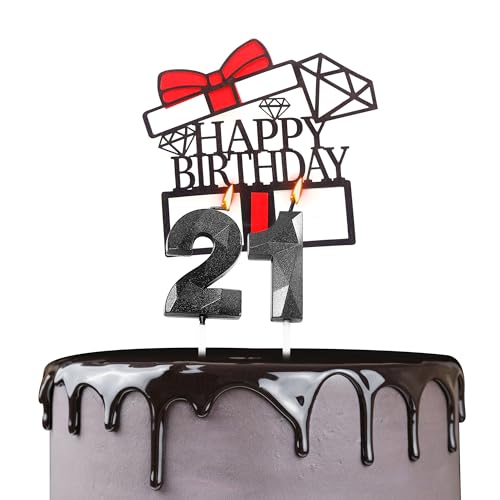 Tortenaufsatz "Happy 21st Birthday", Geburtstagskerzen, schwarze Zahl 21, Kerzen für Geburtstagskuchen, personalisierbar, 21. Geburtstag, Kuchendekoration für Frauen zum 21. Geburtstag von YAAVAAW