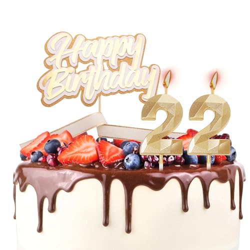 Tortenaufsatz "Happy 22th Birthday", Geburtstagskerzen, goldene Zahl 22, Kerzen für Geburtstagskuchen, personalisierbar zum 22. Geburtstag, Kuchendekoration für Frauen zum 22. Geburtstag von YAAVAAW