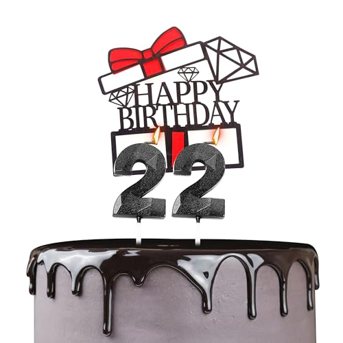 Tortenaufsatz "Happy 22th Birthday", Geburtstagskerzen, schwarze Zahl 22, Kerzen für Geburtstagskuchen, personalisierbar, 22. Geburtstag, Kuchendekoration für Frauen von YAAVAAW