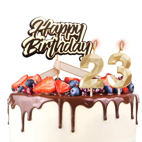 Tortenaufsatz "Happy 23th Birthday", Geburtstagskerzen, Schwarz / Gold, Zahl 23, Kerzen für Geburtstagskuchen, personalisierbar, 23. Geburtstag, Kuchendekoration für Damen von YAAVAAW