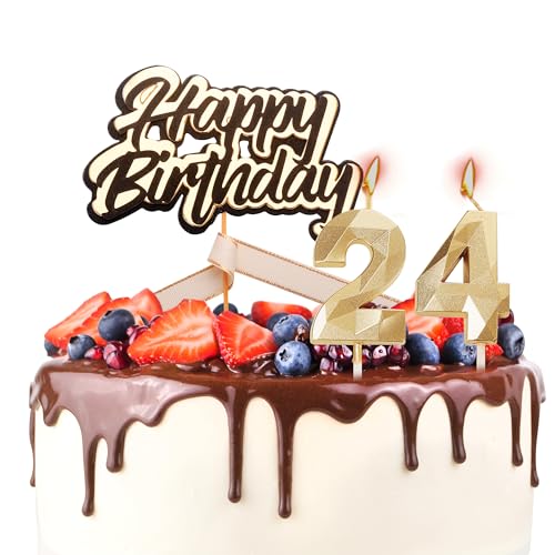 Tortenaufsatz "Happy 24th Birthday", Geburtstagskerzen, Schwarz / Gold, Zahl 24, Kerzen für Geburtstagskuchen, personalisierbar, 24. Geburtstag, Kuchendekoration für Frauen von YAAVAAW
