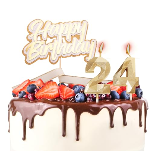 Tortenaufsatz "Happy 24th Birthday", Geburtstagskerzen, goldene Zahl 24, Kerzen für Geburtstagskuchen, personalisierbar, 24. Geburtstag, Kuchendekoration für Frauen von YAAVAAW