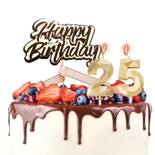 Tortenaufsatz "Happy 25th Birthday", Geburtstagskerzen, Schwarz / Gold, Zahl 25, Kerzen für Geburtstagskuchen, personalisierbar, 25. Geburtstag, Kuchendekoration für Damen von YAAVAAW