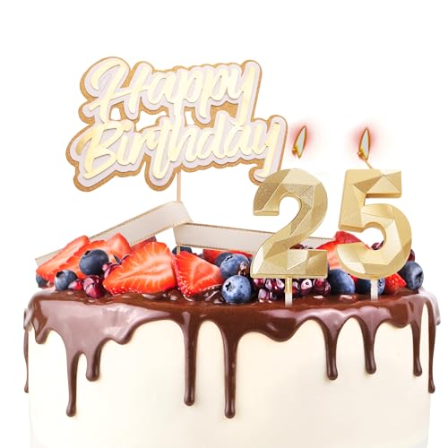 Tortenaufsatz "Happy 25th Birthday", Geburtstagskerzen, goldene Zahl 25, Kerzen für Geburtstagskuchen, personalisierbar, 25. Geburtstag, Kuchendekoration für Frauen von YAAVAAW