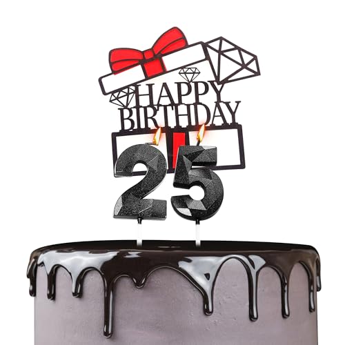 Tortenaufsatz "Happy 25th Birthday", Geburtstagskerzen, schwarze Zahl 25, Kerzen für Geburtstagskuchen, personalisierbar, 25. Geburtstag, Kuchendekoration für Frauen von YAAVAAW