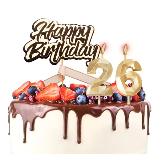 Tortenaufsatz "Happy 26th Birthday", Geburtstagskerzen, Schwarz / Gold, Zahl 26, Kerzen für Geburtstagskuchen, personalisierbar, 26. Geburtstag, Kuchendekoration für Damen von YAAVAAW