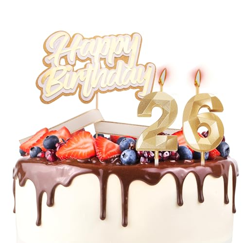 Tortenaufsatz "Happy 26th Birthday", Geburtstagskerzen, goldene Zahl 26, Kerzen für Geburtstagskuchen, personalisierbar zum 26. Geburtstag, Kuchendekoration für Frauen zum 26. Geburtstag von YAAVAAW