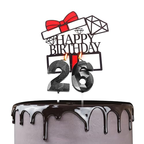 Tortenaufsatz "Happy 26th Birthday", Geburtstagskerzen, schwarze Zahl 26, Kerzen für Geburtstagskuchen, personalisierbar, 26. Geburtstag, Kuchendekoration für Frauen von YAAVAAW