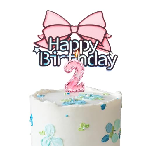 Tortenaufsatz "Happy 2nd Birthday", rosa Schleife, Geburtstagskerze, Nummer 2, Kerze für Geburtstagskuchen, personalisierbar, für Mädchen, 2. Geburtstag, Kuchendekoration für Mädchen von YAAVAAW