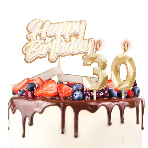 Tortenaufsatz "Happy 30th Birthday", Geburtstagskerzen, goldene Zahl 30, Kerzen für Geburtstagskuchen – personalisierbar zum 30. Geburtstag, Kuchendekoration für Frauen zum 30. Geburtstag von YAAVAAW