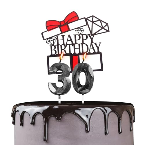 Tortenaufsatz "Happy 30th Birthday", Geburtstagskerzen, schwarze Zahl 30, Kerzen für Geburtstagskuchen, personalisierbar, 30. Geburtstag, Kuchendekoration für Frauen von YAAVAAW