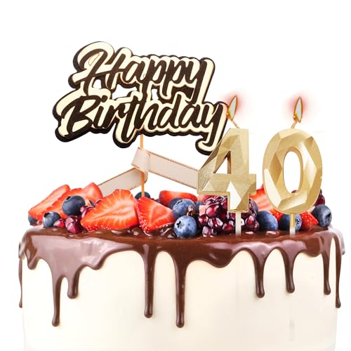Tortenaufsatz "Happy 40th Birthday", Geburtstagskerzen, Schwarz / Gold, Zahl 40, Kerzen für Geburtstagskuchen, personalisierbar, 40. Geburtstag, Kuchendekoration für Damen von YAAVAAW