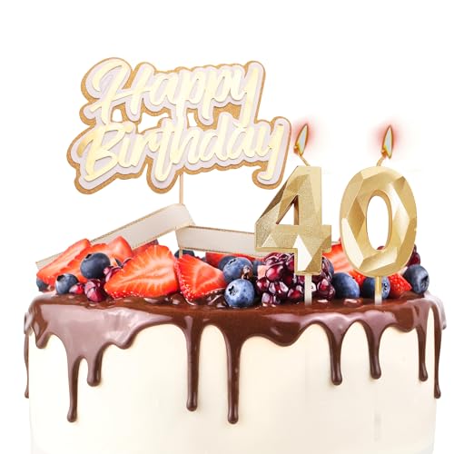 Tortenaufsatz "Happy 40th Birthday", Geburtstagskerzen, goldene Zahl 40, Kerzen für Geburtstagskuchen, personalisierbar zum 40. Geburtstag, Kuchendekoration für Frauen von YAAVAAW