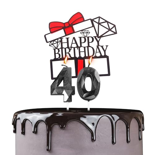 Tortenaufsatz "Happy 40th Birthday", Geburtstagskerzen, schwarze Zahl 40, Kerzen für Geburtstagskuchen, personalisierbar, 40. Geburtstag, Kuchendekoration für Damen von YAAVAAW