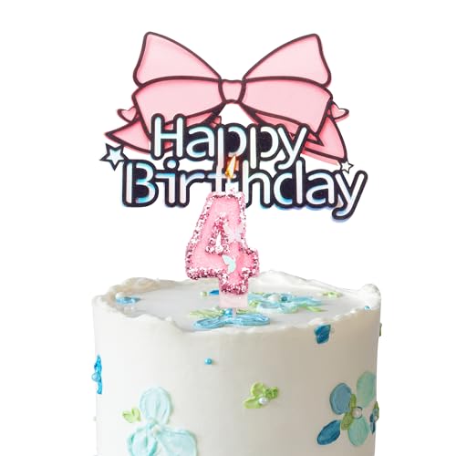 Tortenaufsatz "Happy 4th Birthday", rosa Schleife, Geburtstagskerze, rosa Zahl 4, Kerze für Geburtstagskuchen, personalisierbar, für Mädchen, Alter 4, Kuchendekoration für Mädchen von YAAVAAW