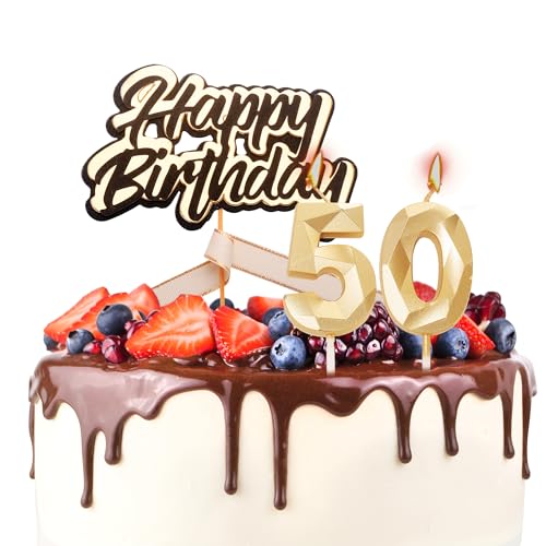 Tortenaufsatz "Happy 50th Birthday", Geburtstagskerzen, Schwarz / Gold, Zahl 50, Kerzen für Geburtstagskuchen, personalisierbar, 50. Geburtstag, Kuchendekoration für Frauen von YAAVAAW