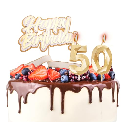 Tortenaufsatz "Happy 50th Birthday", Geburtstagskerzen, goldene Zahl 50, Kerzen für Geburtstagskuchen, personalisierbar, 50. Geburtstag, Kuchendekoration für Frauen von YAAVAAW