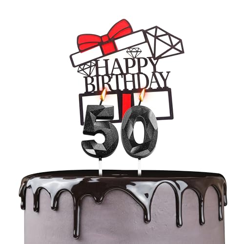 Tortenaufsatz "Happy 50th Birthday", Geburtstagskerzen, schwarze Zahl 50, Kerzen für Geburtstagskuchen, personalisierbar, 50. Geburtstag, Kuchendekoration für Frauen von YAAVAAW