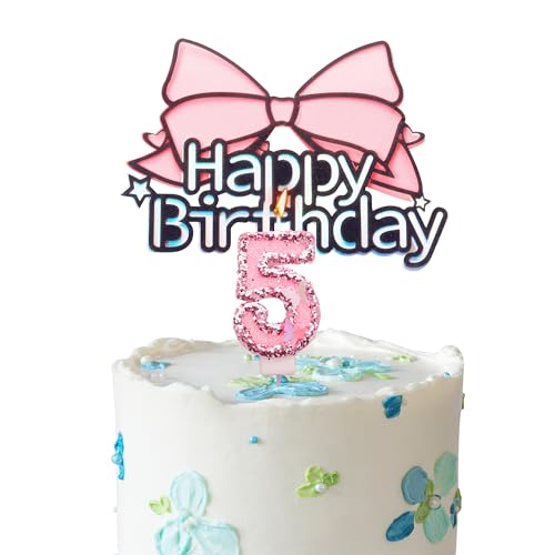 Tortenaufsatz "Happy 5th Birthday", rosa Schleife, Geburtstagskerze, rosa Zahl 5, Kerze für Geburtstagskuchen, personalisierbar, für Mädchen zum 5. Geburtstag, Kuchendekoration für Mädchen von YAAVAAW
