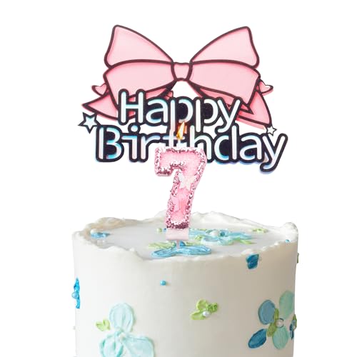 Tortenaufsatz "Happy 7th Birthday", rosa Schleife, Geburtstagskerze, Zahl 7, Kerze für Geburtstagskuchen, personalisierbar, für Mädchen, 7. Geburtstag, Kuchendekoration für Mädchen von YAAVAAW