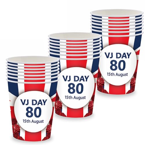VJ Day Partygeschirr zum 80. Hochzeitstag, Kunststoff-Tischdecke, Pappteller, Servietten, Servietten und Becher für 2025 VJ Day 80. Jahrestag Party-Dekorationen (Tassen B) von YAAVAAW