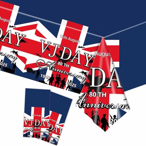 VJ Day Partygeschirr zum 80. Hochzeitstag, Kunststoff-Tischdecke, Pappteller, Servietten, Servietten und Becher für 2025 VJ Day 80. Jahrestag Party Dekorationen (Tischdecke A) von YAAVAAW