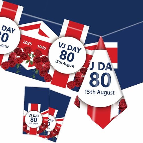 VJ Day Partygeschirr zum 80. Hochzeitstag, Kunststoff-Tischdecke, Pappteller, Servietten, Servietten und Becher für 2025 VJ Day 80. Jahrestag Party Dekorationen (Tischdecke B) von YAAVAAW