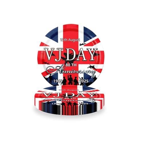 VJ Day Partygeschirr zum 80. Hochzeitstag, Kunststoff-Tischdecke, Pappteller, Servietten und Becher für 2025 VJ Day 80. Jahrestag Party Dekorationen (22,9 cm Teller A) von YAAVAAW