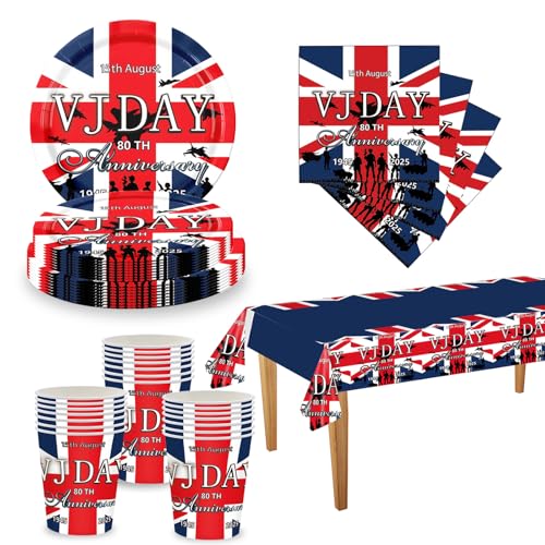 VJ Day Partygeschirr zum 80. Hochzeitstag, Kunststoff-Tischdecke, Pappteller, Servietten und Becher für 2025 VJ Day 80. Jahrestag Party-Dekorationen (Set A) von YAAVAAW