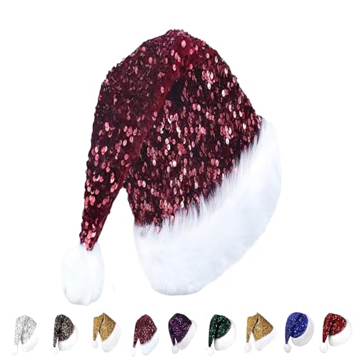 Windrote Pailletten-Weihnachtsmütze für Kinder, Erwachsene, 30 x 45 cm, luxuriöse Weihnachtsmütze, Plüsch-Weihnachtsmannmütze, Unisex, Weihnachtsmannmütze, Weihnachtsmannmütze, Kostüm, Geschenk für von YAAVAAW