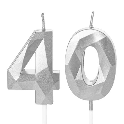 YAAVAAW Kerzen zum 40. Geburtstag, Zahl 40, Silber, 40 Geburtstagskerzen, Tortenaufsätze, Geruchlos, Ungiftig, Für spezielle Anlässe von YAAVAAW