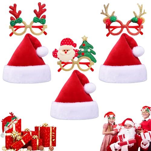 YAAVAAW Weihnachtsmütze und Weihnachten Party Brillen Set für Kinder,Erwachsene,Weihnachtszubehör 3 Santa Hut Plüsch Weihnachtsmann Mütze Rot und 3 Lustig Weihnachtenbrillen für Weihnachtsfeiern Deko von YAAVAAW