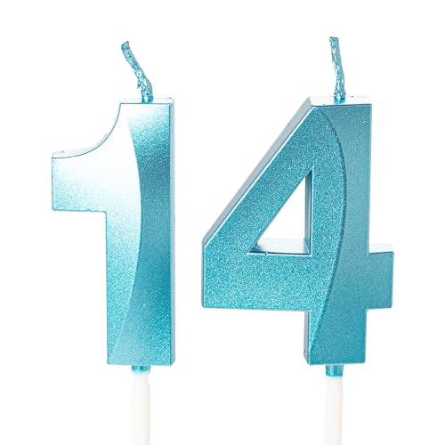 Zahlenkerze, blau, Geburtstagskerzen für Kuchen, Geburtstagskerzen, Kuchenaufsatz für Kinder, Jungen, Geburtstag, Hochzeit, Firma, Jahrestag, Kuchendekorationen (Blau, 14) von YAAVAAW