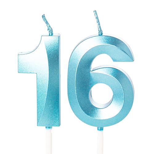 Zahlenkerze, blau, Geburtstagskerzen für Kuchen, Geburtstagskerzen, Kuchenaufsatz für Kinder, Jungen, Geburtstag, Hochzeit, Firma, Jahrestag, Kuchendekorationen (Blau, 16) von YAAVAAW