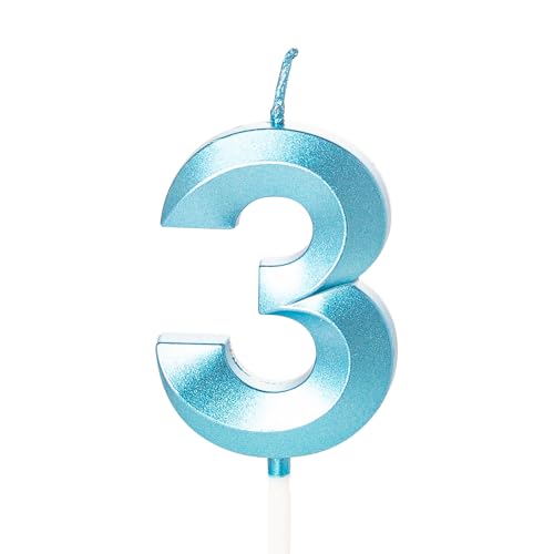 Zahlenkerze, blau, Geburtstagskerzen für Kuchen, Geburtstagskerzen, Kuchenaufsatz für Kinder, Jungen, Geburtstag, Hochzeit, Firma, Jahrestag, Kuchendekorationen (Blau, 3) von YAAVAAW