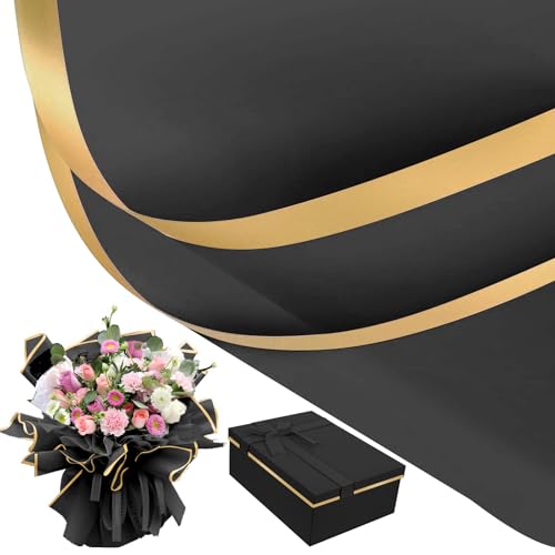YADOBIG 20 Blatt Blumenstrauß Geschenkpapier, 58x58cm Wasserdicht Blumenpapier, Blumen Papier mit Goldrand, Bouquet Papier für Geschenkverpackungen, Blumen, Kunst, Schwarz von YADOBIG