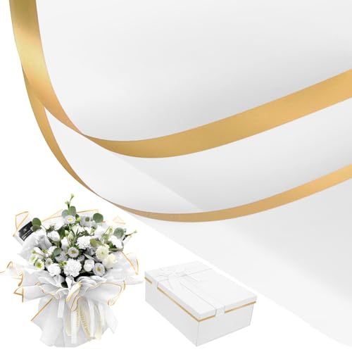 YADOBIG 20 Blatt Blumenstrauß Geschenkpapier, 58x58cm Wasserdicht Blumenpapier, Blumen Papier mit Goldrand, Bouquet Papier für Geschenkverpackungen, Blumen, Kunst, Weiß von YADOBIG