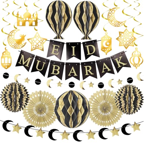 Eid Dekorationen für Zuhause 2025 Ramadan Eid Mubarak Banner Wimpelkette Dekorationen Gold Schwarz Laternen Mond Stern Umrah Hängende Wirbel Wabe Islamische Umrah Mubarak Ramadan Dekorationen für von YADODO