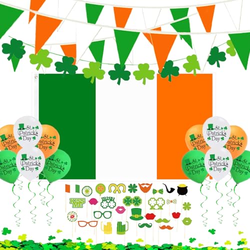 St. Patricks Day Dekorationen Partyzubehör 59-teiliges Set St. Patricks Day irische Flagge 1,5 m x 0,9 m mit Ösen St. Patricks Day Luftballons hängende Wirbel Kleeblatt Banner St. Paddys Day von YADODO