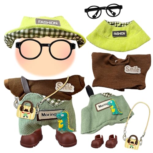 6-Teiliges Kleidung Set für 17cm Plüsch Puppen, Modisches Süßes Puppenkleidungsset, Hut, Braunes Oberteil, Overall, Brille, Anhänger, Schuhe, DIY-Geschenk, Geschenk für Kinder 6-Teiliges Kleidung Set für 17cm Plüsch Puppen, Modisches Süßes Puppenkleidungsset, Hut, Braunes Oberteil, Overall, Brille, Anhänger, Schuhe, DIY-Geschenk, Geschenk für Kinder von YAEGIMHT