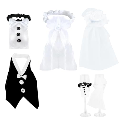 YAFLUG 4 Stück wunderschöne hochzeitsdeko deko hochzeit Weinflaschen Dekorationsset für Braut und Bräutigam mit Hochzeitskleid und Hochzeitsanzug, Tischdeko Set für Hochzeitsparty von YAFLUG