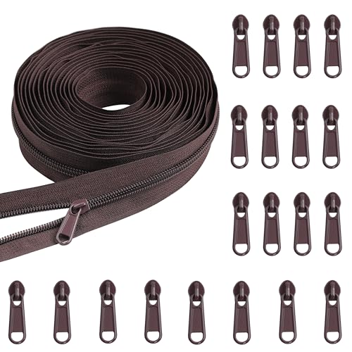 YAKA 4,5 m große Reißverschlüsse 5# Nylon-Spiralreißverschlüsse zum Nähen, Kaffee, Nylon-Spiralreißverschluss mit 20 Reißverschlussschiebern, Reparatur-Set für Jacken, Gepäck, Rucksack, DIY, Nähen von YAKA