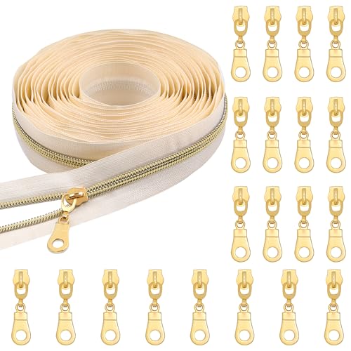 YAKA 4,5 m große beigefarbene Nylon-Reißverschlüsse, 5# Gold-Metallic-Spiralreißverschlüsse mit 20 goldfarbenen Reißverschlussschiebern, Reparatur-Set für Jacken, Gepäck, Rucksack, DIY, Nähen von YAKA