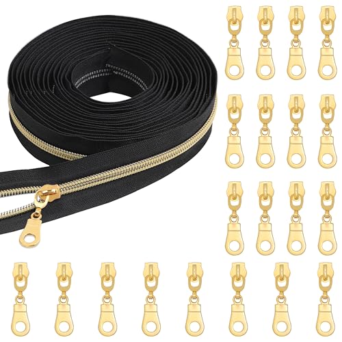 YAKA 4,5 m schwarze Nylon-Reißverschlüsse, 5# Gold-Metallic-Spiralreißverschlüsse mit 20 goldfarbenen Reißverschlussschiebern, Reparatur-Set für Jacken, Gepäck, Rucksack, DIY, Nähen, Schneidern von YAKA