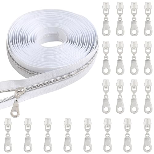 YAKA 4,57 m große weiße Nylon-Reißverschlüsse, 5#, silber-metallische Spiralreißverschlüsse mit 20 silberfarbenen Reißverschlussschiebern, Reparatur-Set für Jacken, Gepäck, Rucksack, DIY, Nähen von YAKA